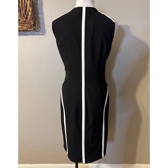 Calvin Klein Sheath Dress 14 Black White Piping Front Zip Sleeveless Career - Picture 10 of 15